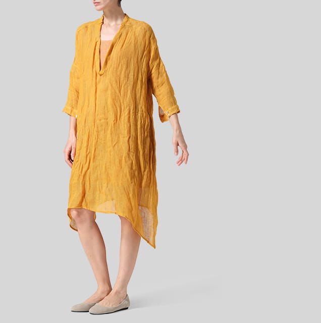 Woven Linen Roll Sleeve Deep V-neck Tunic