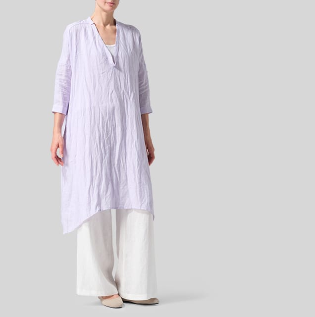 Linen Roll Sleeve Deep V-neck Tunic