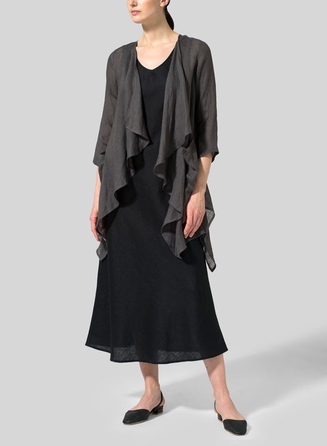 Carbon Black Woven Linen Waterfall Open Jacket Set