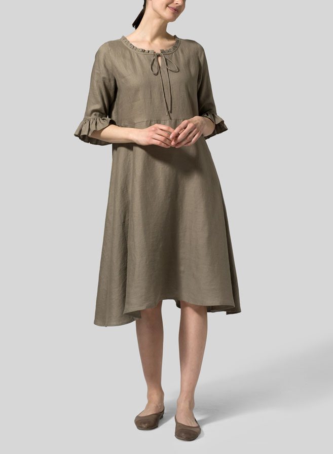 Light Tan Linen Ruffle Sleeves Long Dress