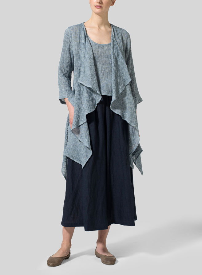 Dark Sky Blue Linen Waterfall Open Gauze Jacket
