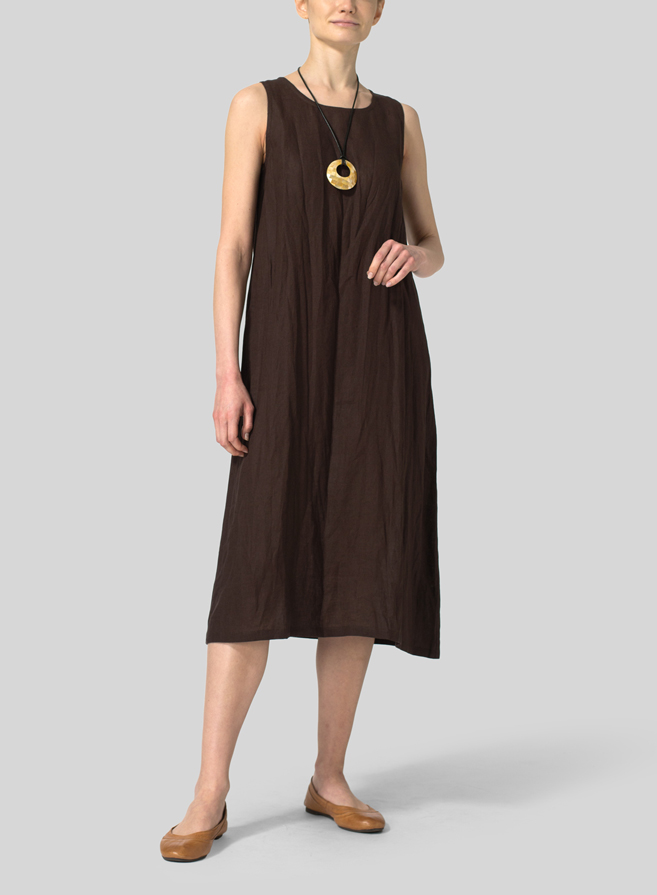 Brown Linen Sleeveless Midi Dress