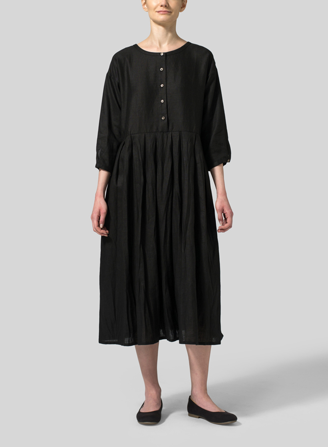 Black Linen Pleated Loose Long Dress