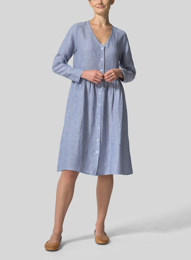 Two Tone Blue White Linen Button Front L/S Dress