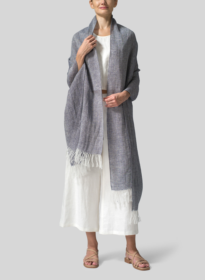 Linen Hand-crafted Two Tone Blue Long Scarf Set