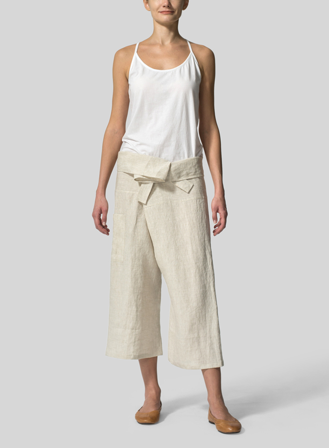 Oat Linen Thai Style Tie Loose Cropped Pants