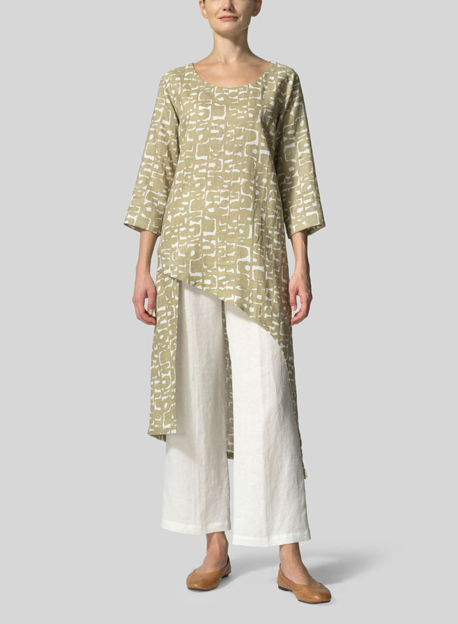 Khaki Printed Linen Asymmetrical Tunic