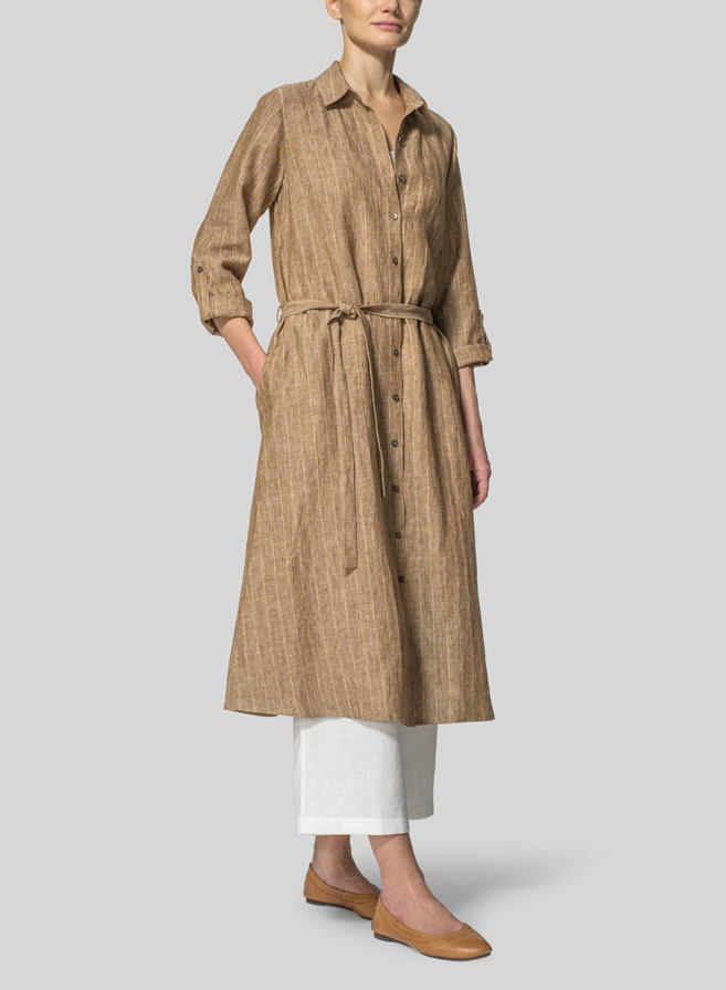 Khaki Beige Linen Waist-Tie Dress
