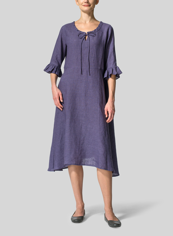 Midnight Purple Linen Ruffle Sleeves Long Dress