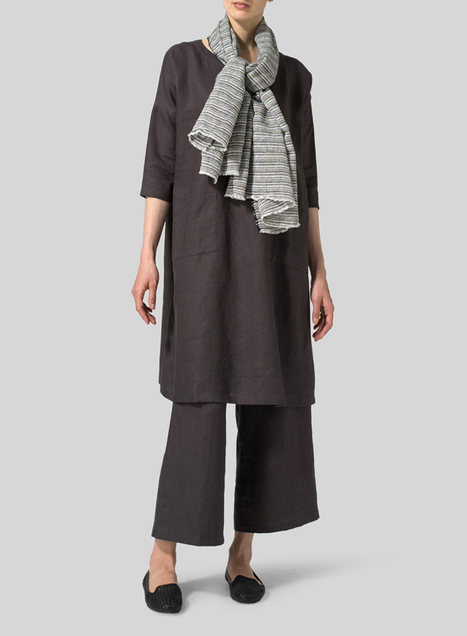 Linen Half-sleeve Monk Dress With Scarf