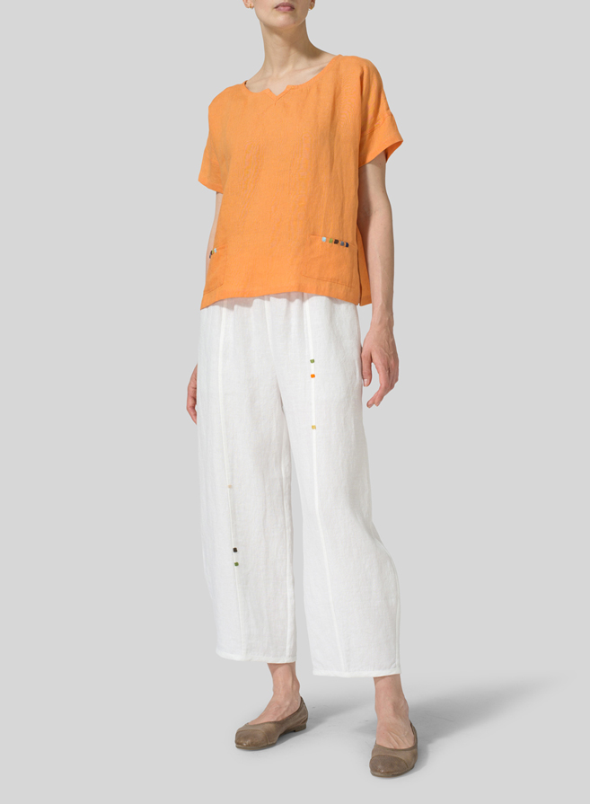 Orange Linen Boxy Fit Embroidery Pocket Top