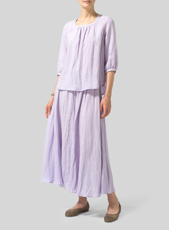 Pastel Mauve Linen Three-Quarter Bishop-Sleeve Blouse Set