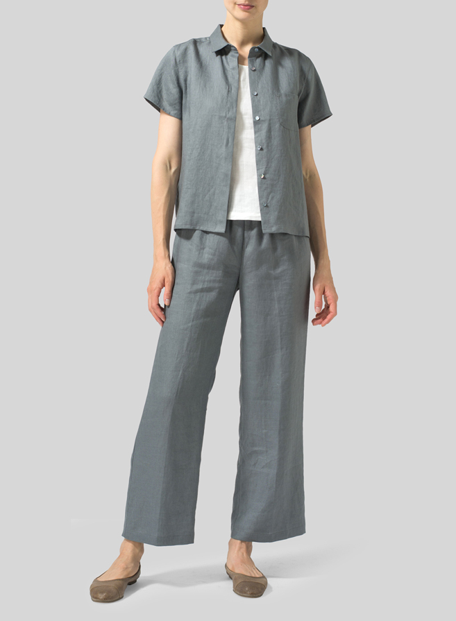 Cool Gray Linen Short Sleeve Mini-point Collar Shirt