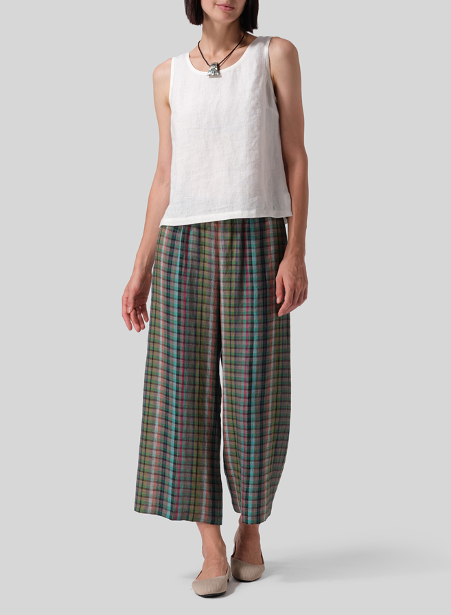 Multi Green Check Linen Straight Ankle Pants