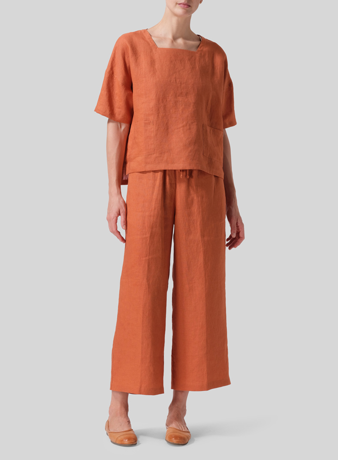 Sun Orange Linen Square Neck Top