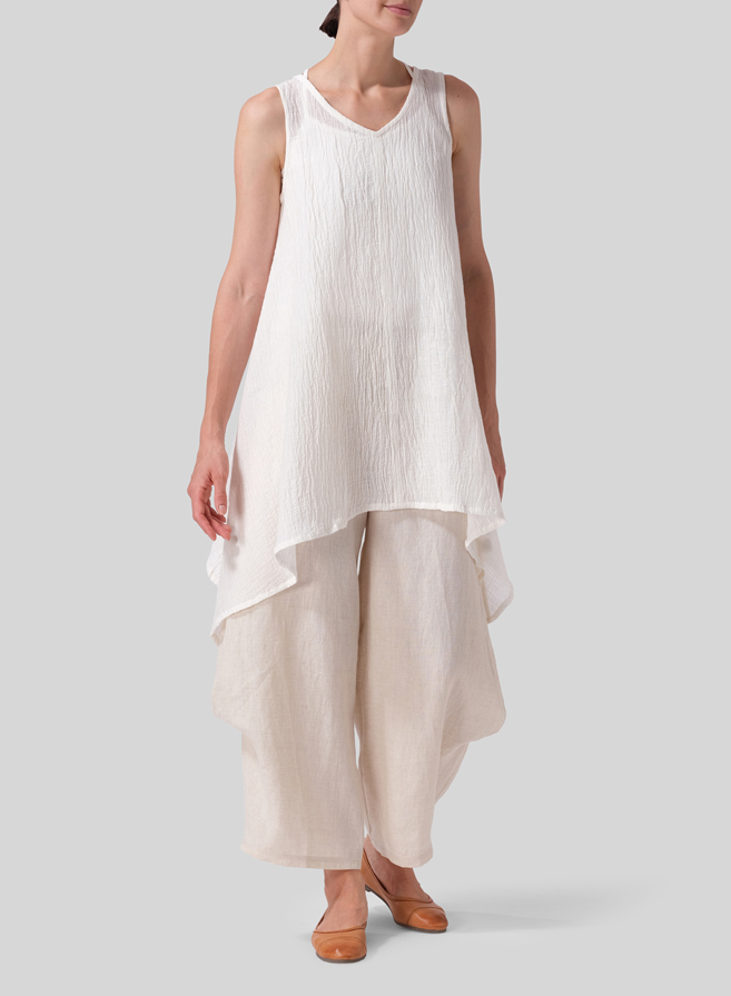 White Linen V-Neck A-shape Top