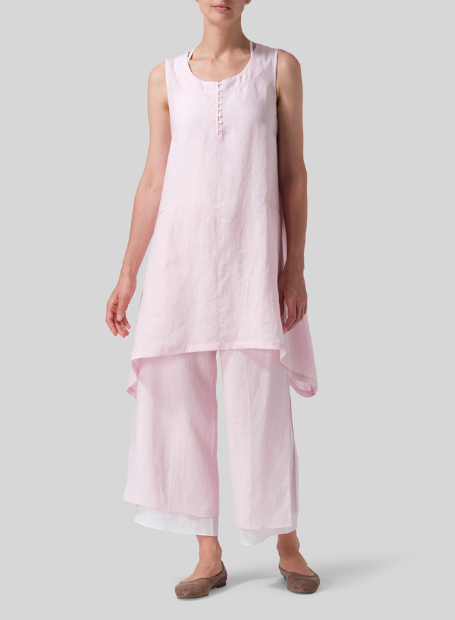 Pink Linen Sleeveless Asymmetric Hem Tunic Set