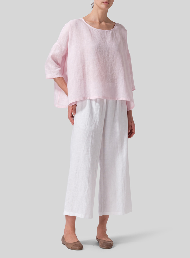 Pink Linen Dropped Shoulder Top