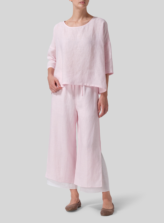 Pink Linen Dropped Shoulder Top Set