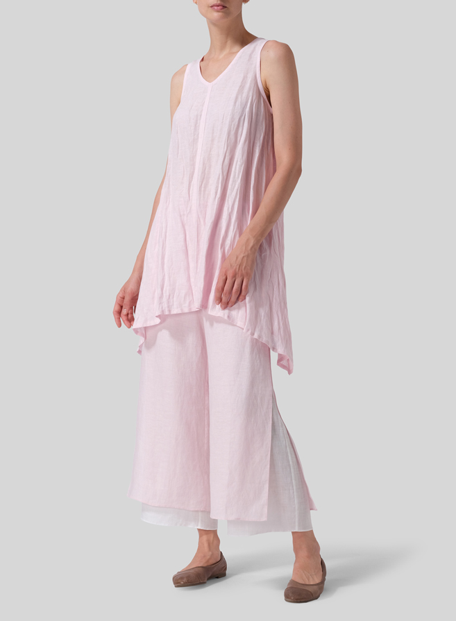 Pink Linen Sleeveless V-Neck A-shape Top Set