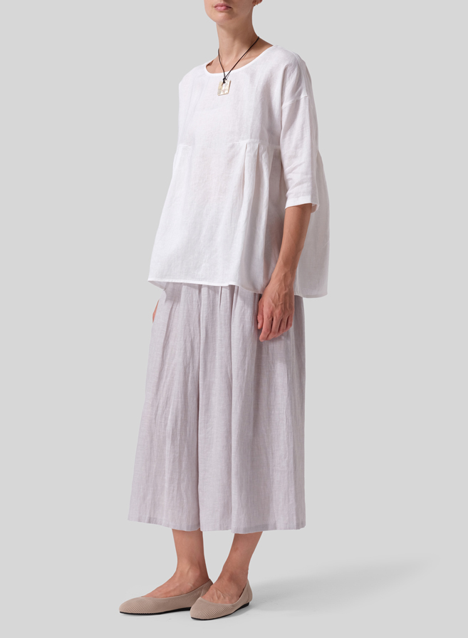 White Linen Dropped Shoulder Pleated Box Top Set