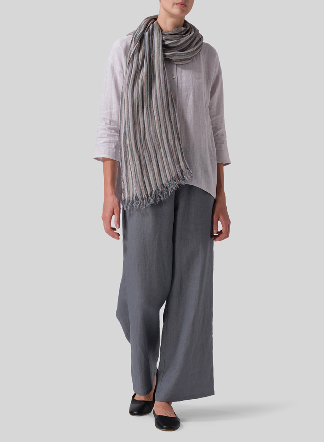 Warm Gray Linen Flare Blouse With Scarf