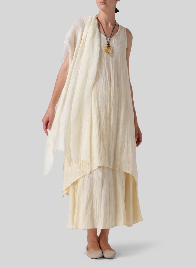 Lemon Chiffon Linen Sleeveless Crumple Effect Long Dress Set