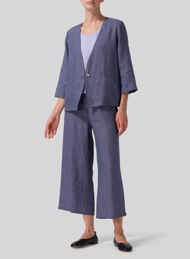 Blue Violet Linen Classic Single-Button Jacket Set
