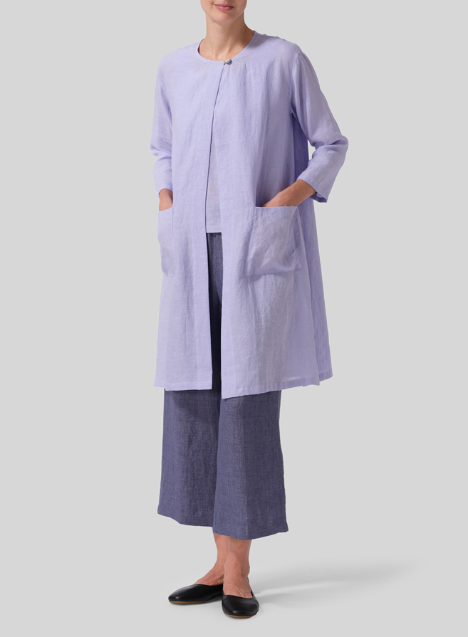 Lavender Linen Single-Button Long Blouse Set