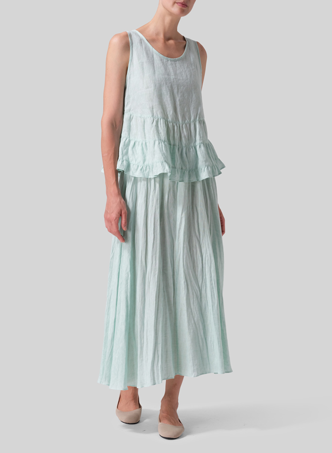 Soft Light Green Linen Long Flared Skirt Set