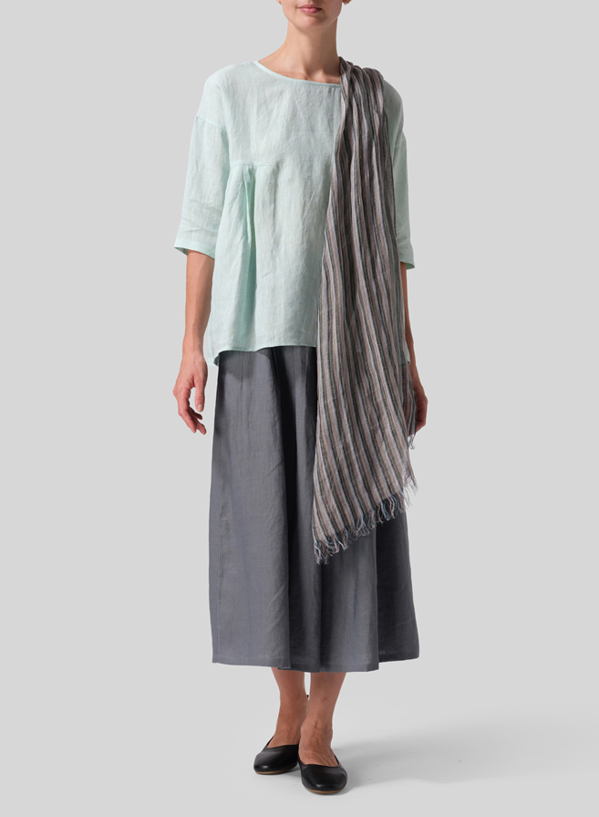 Linen Dropped Shoulder Pleated Box Top With Scarf