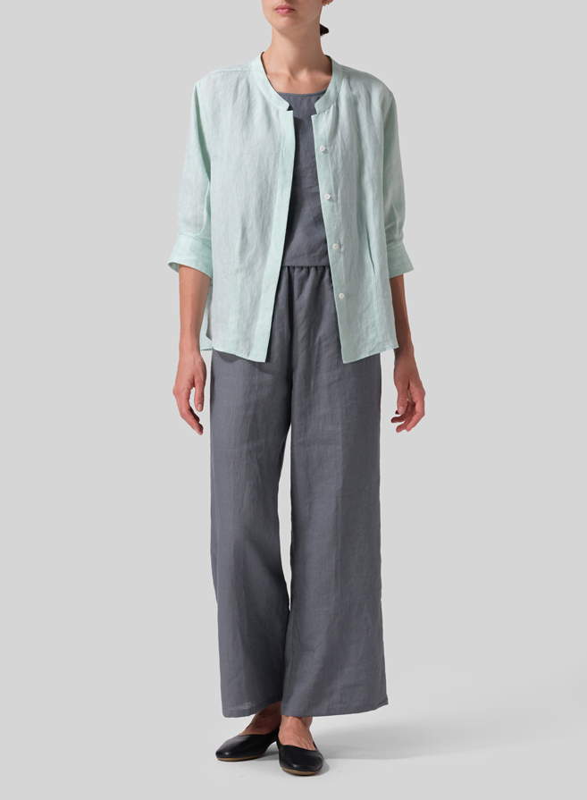 Soft Light Green Linen Back Keyhole Blouse