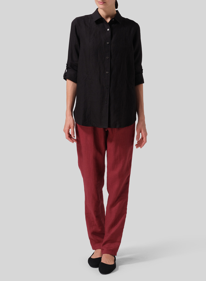 Black Linen Long Sleeve Uneven Hem Shirt