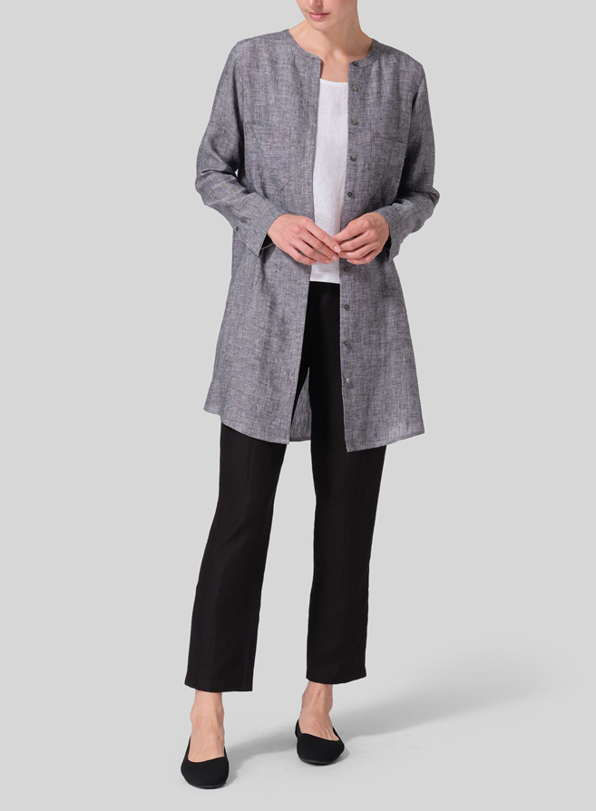 Two Tone Black Linen Open Front Long Shirt