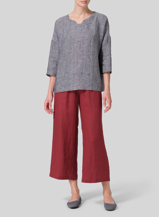 Two Tone Black Linen Notch Square Neckline Dropped Shoulder Top