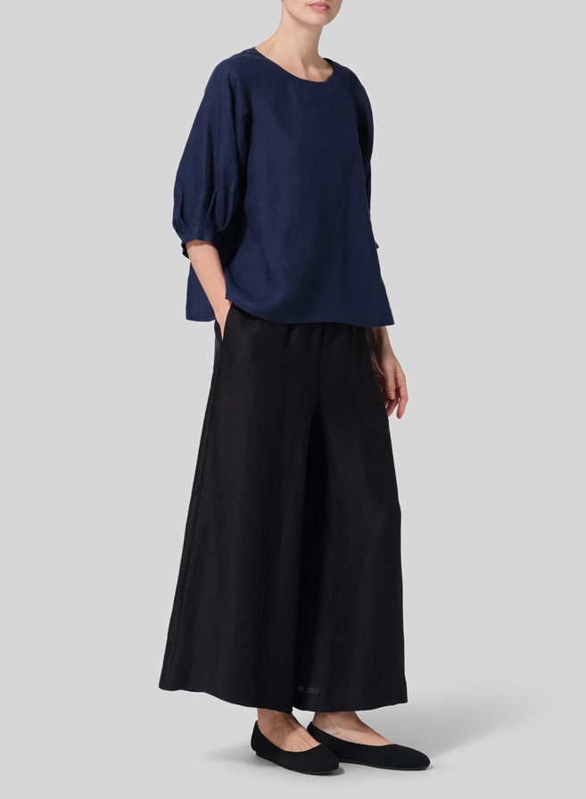 Midnight Blue Linen Pleated Sleeve Top