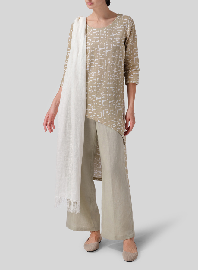Khaki Print Linen Asymmetrical Tunic Set