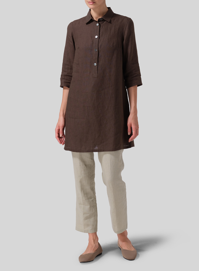 Dark Olive Brown Linen Straight Fit Shirt Collar Tunic