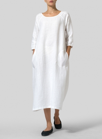 White Linen Elbow Sleeve Long Dress