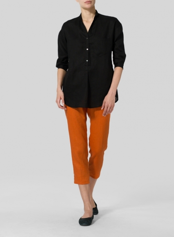 Black Linen Blouse With V-neck Mandarin Collar