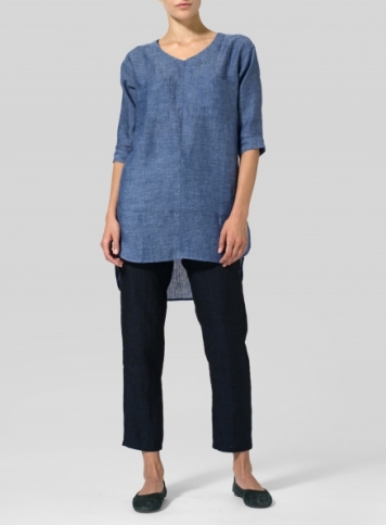 Azure Blue Linen Drop-shoulder Tunics Set