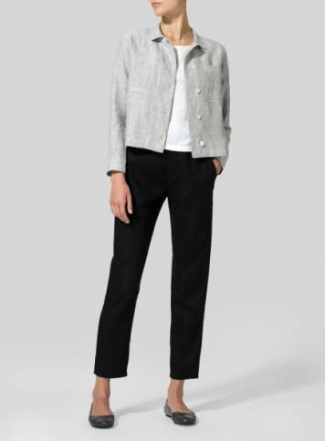 Linen Cropped Shirt Jacket with Pockets Set