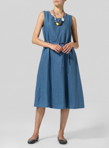 Linen A-Line Dress Steal Blue Set