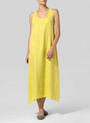 Yellow Linen Dipped-Hem Maxi Dress