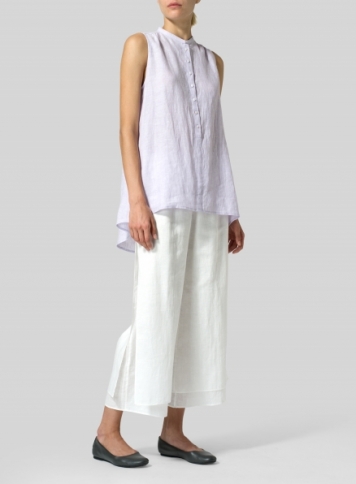 Linen Mandarin Collar A-Line Sleeveless Shirt - Plus Size