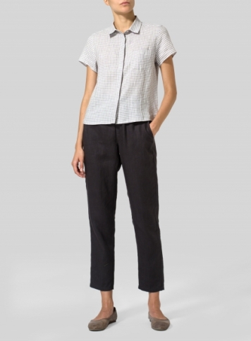 Gray White Check Linen Short Sleeve Mini-point Collar Shirt