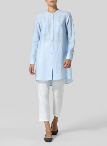 Powder Blue Linen Mandarin Collar Long Shirt