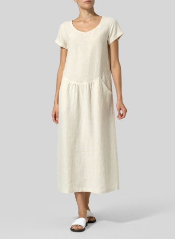Sand Linen Short Sleeve Midi Dress