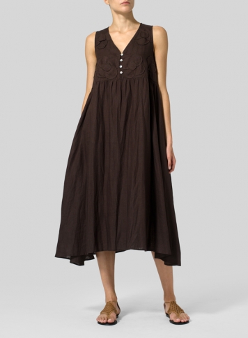 Brown Linen Sleeveless A-line Dress