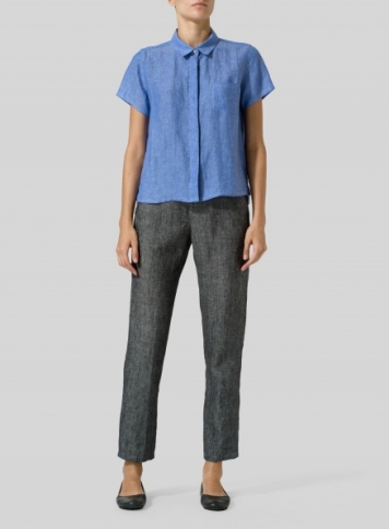 Sky Blue Linen Short Sleeve Mini-point Collar Shirt